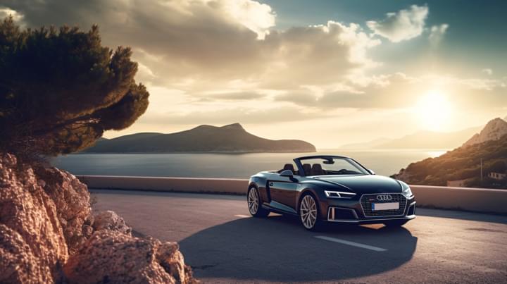 Cabrio fährt auf einer Straße in Ibiza mit Meer im Hintergrund